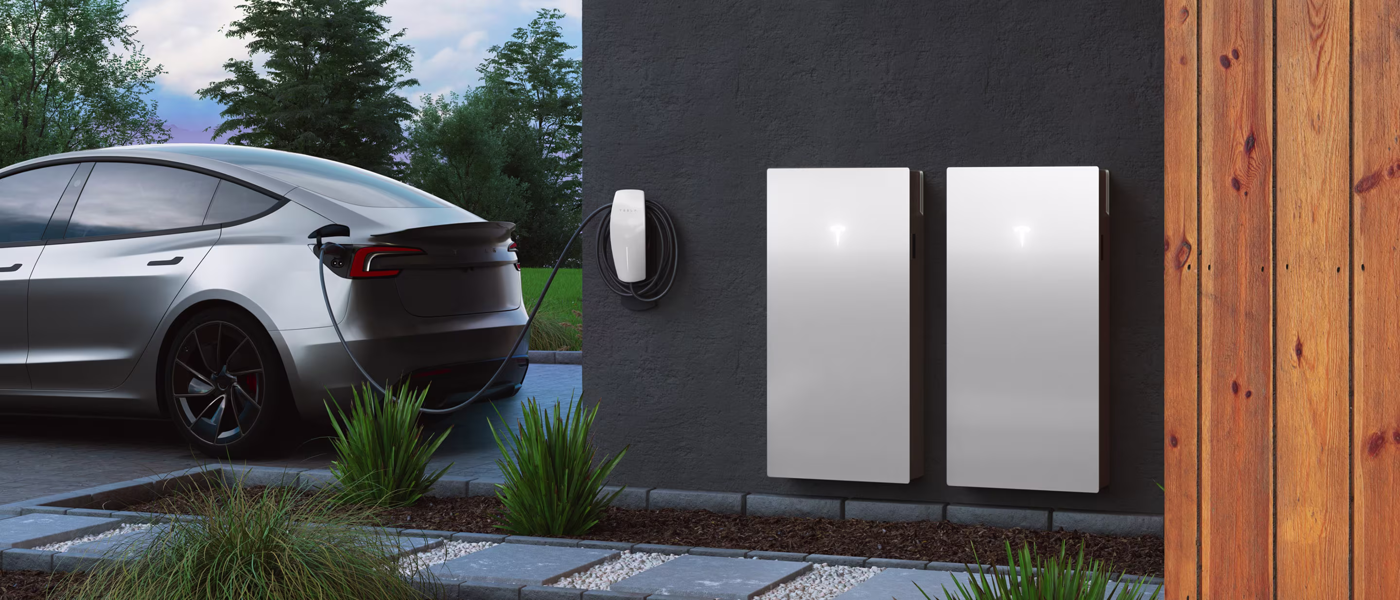 Powerwall 3 mounted outside of a home next to a parked blue Model 3