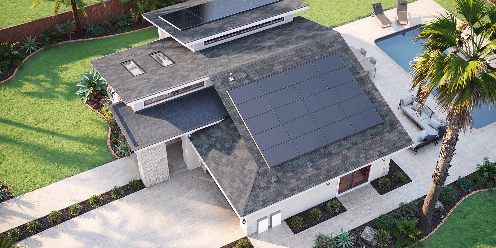Bird's-eye view of Tesla Solar Panels installed on a roof.