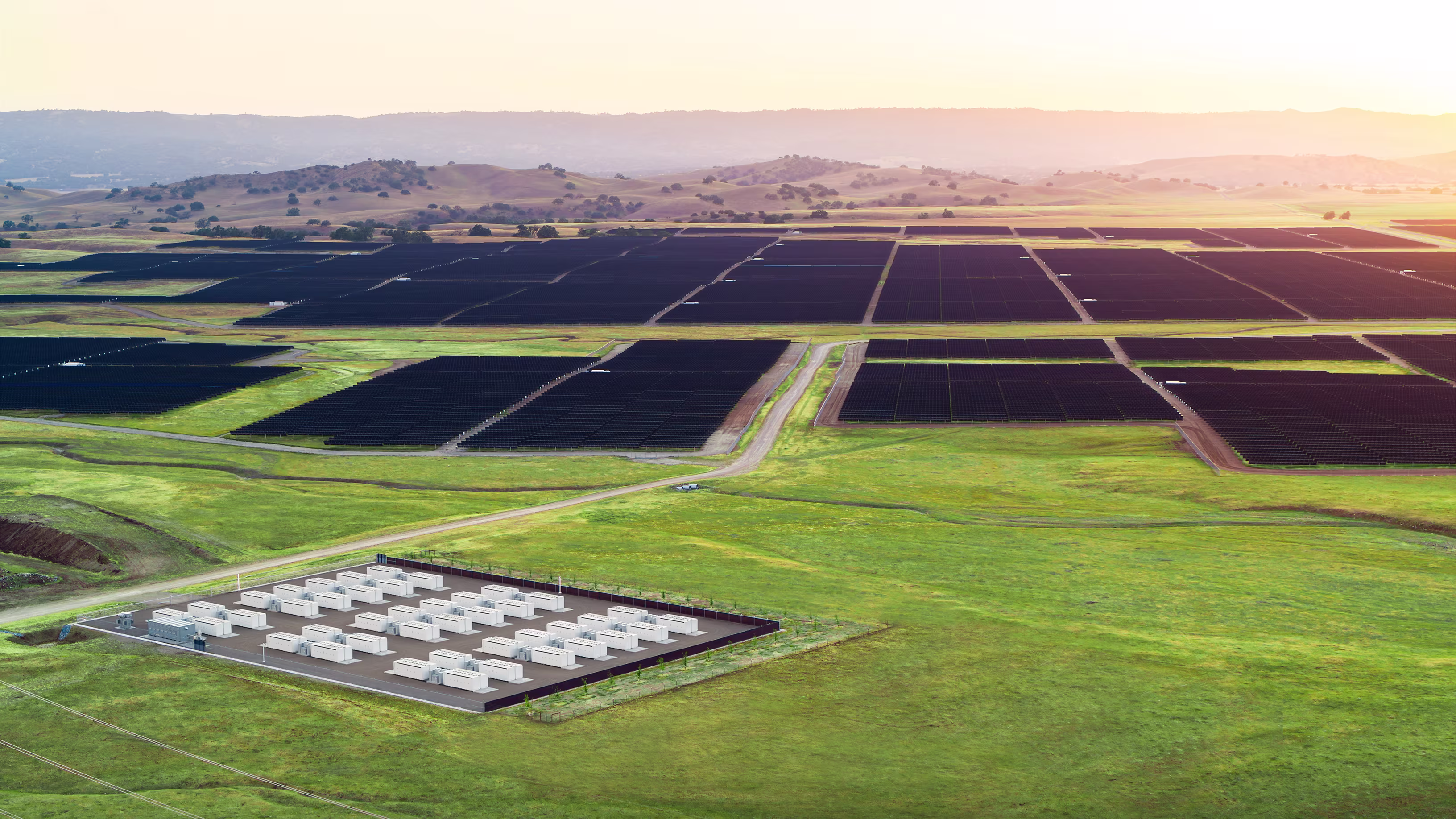View of Megapacks and solar panels
