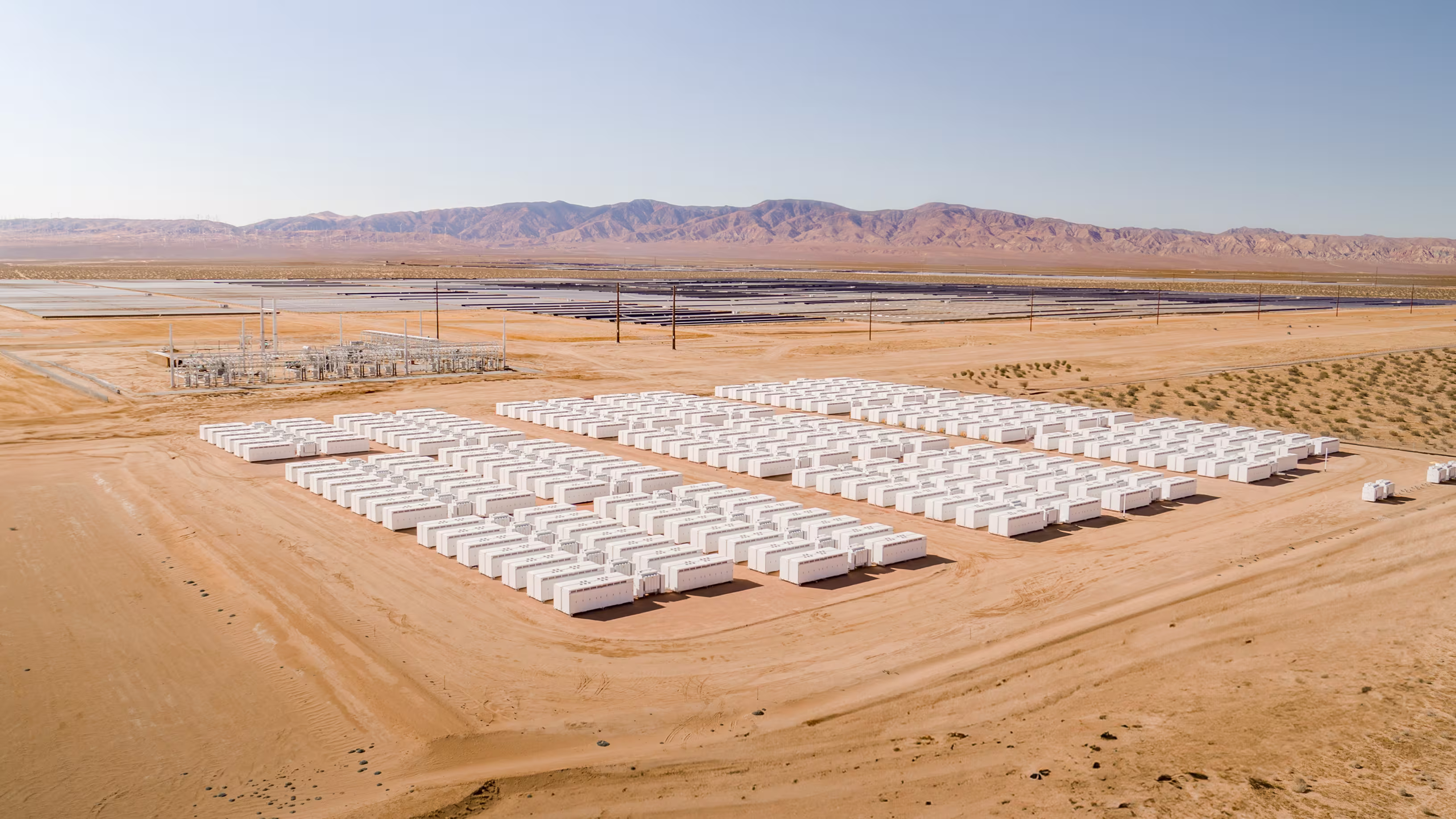 Angled view of rows of Megapacks installed