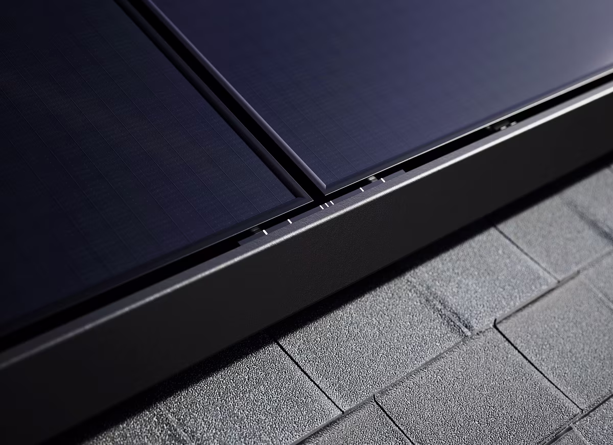 Wide side view of solar panels on roof