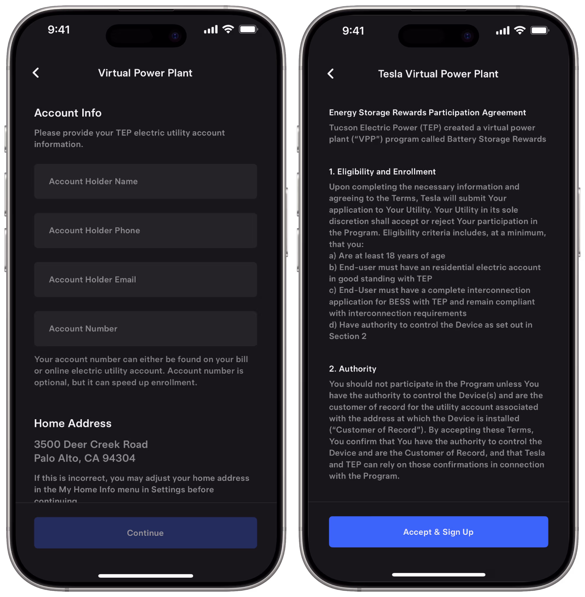 TEP VPP application process in the Tesla app