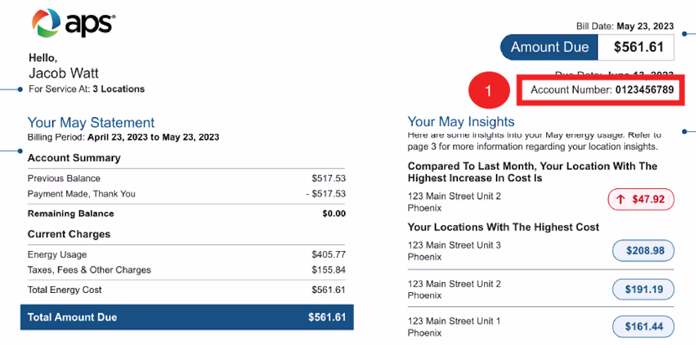 Example of APS energy bill with account number