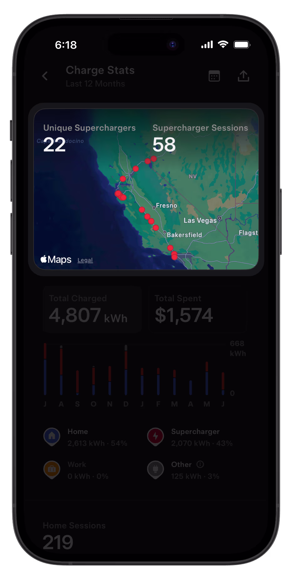 Tesla app showing screen for Supercharger map