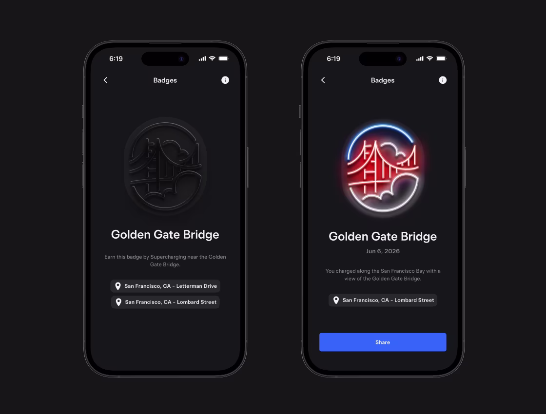 Tesla app showing Iconic Chargers