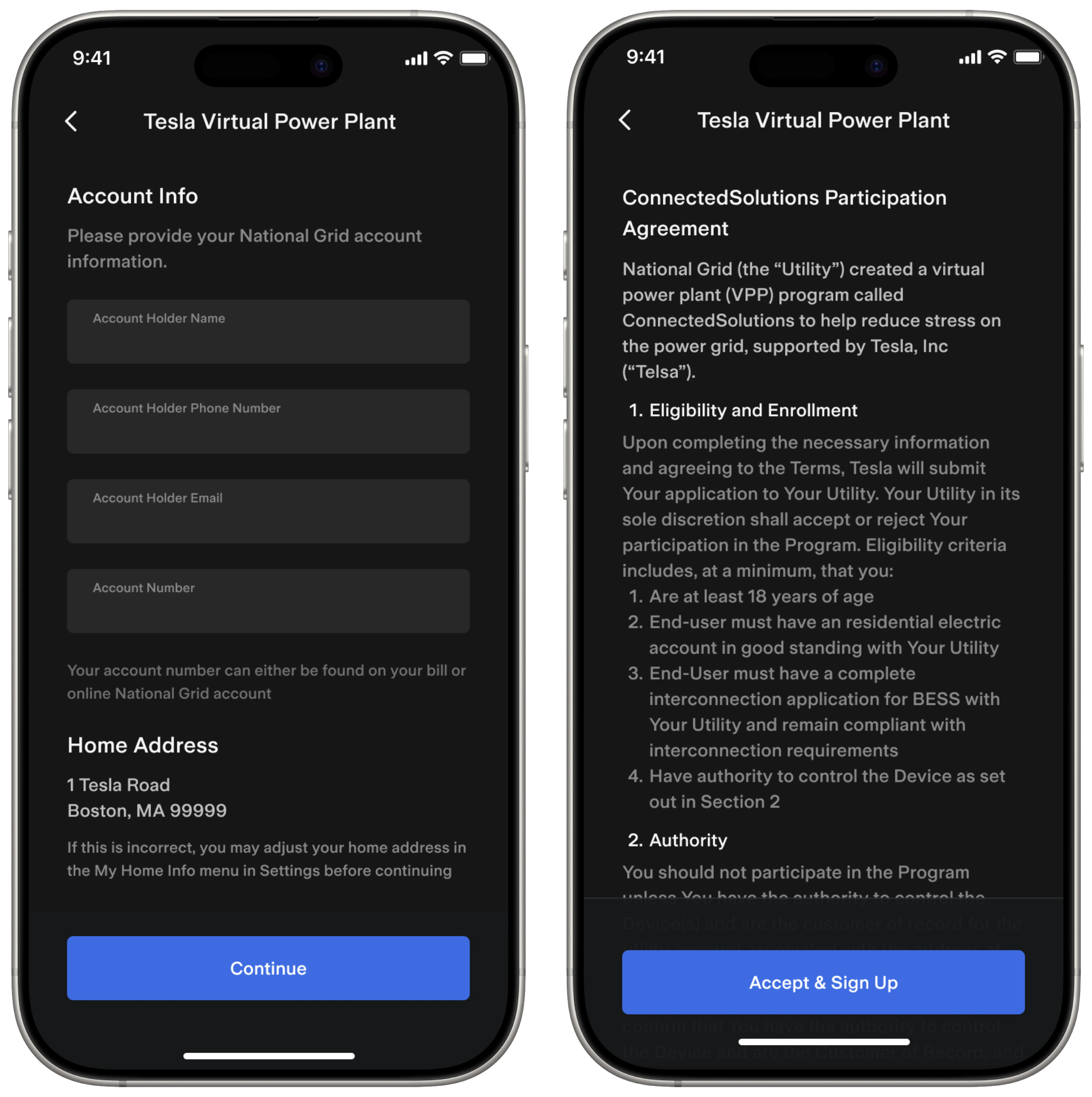 Tesla app screens showing terms and conditions for ConnectedSolutions VPP sign up