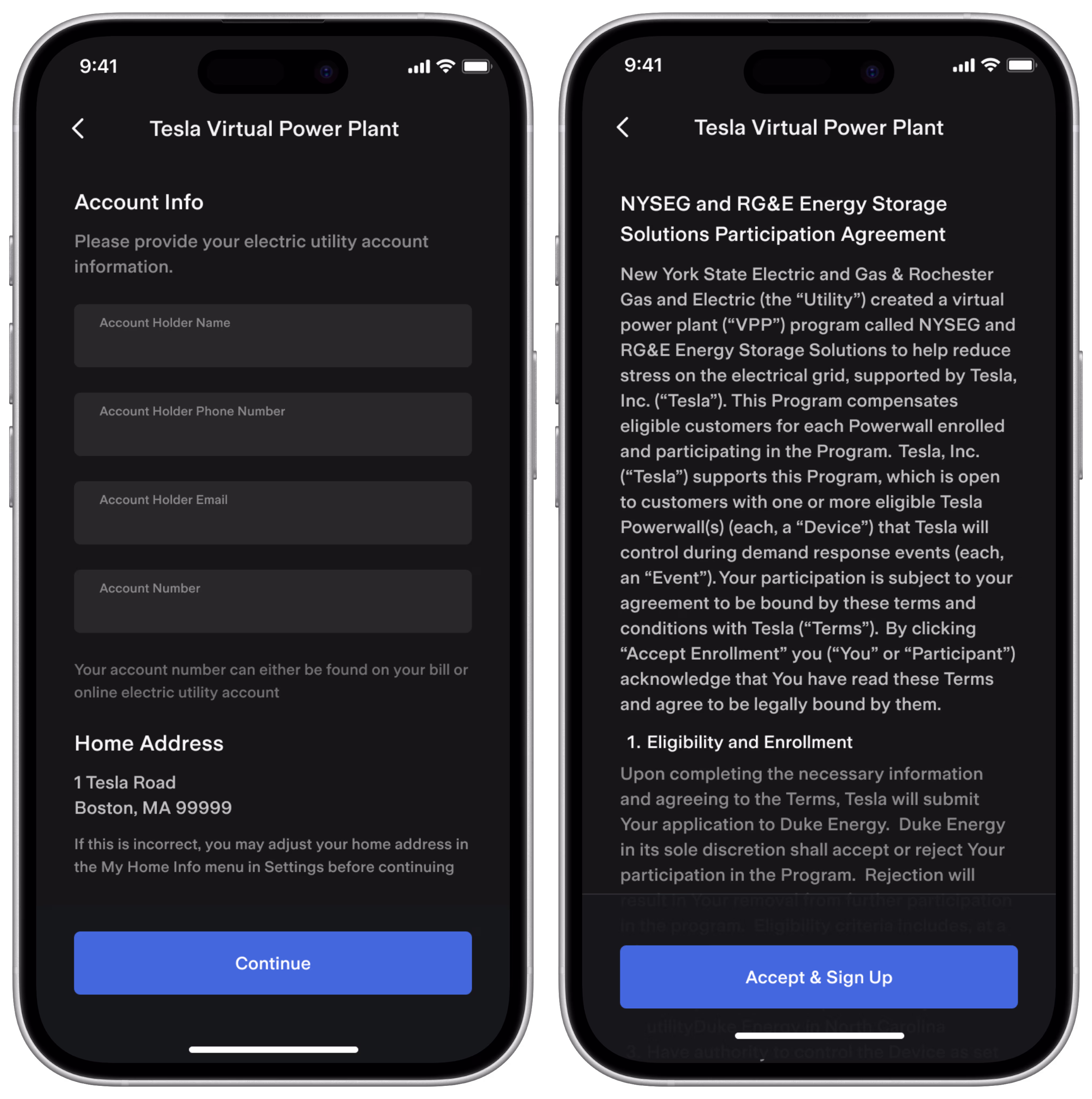 Tesla app screens showing terms and conditions for NYSEG and RG&E VPP sign up