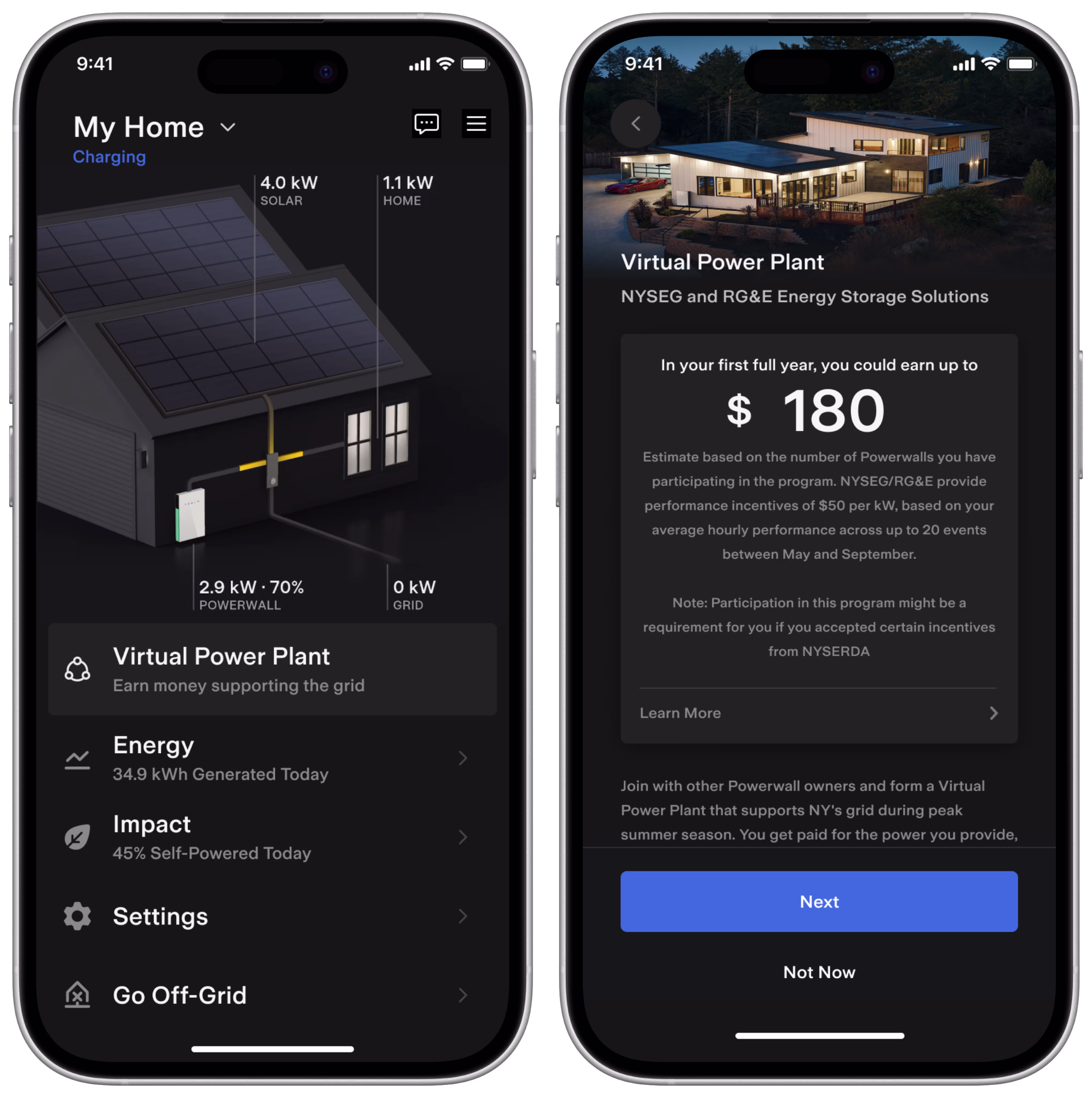 Tesla app screen for NYSEG and RG&E VPP sign up
