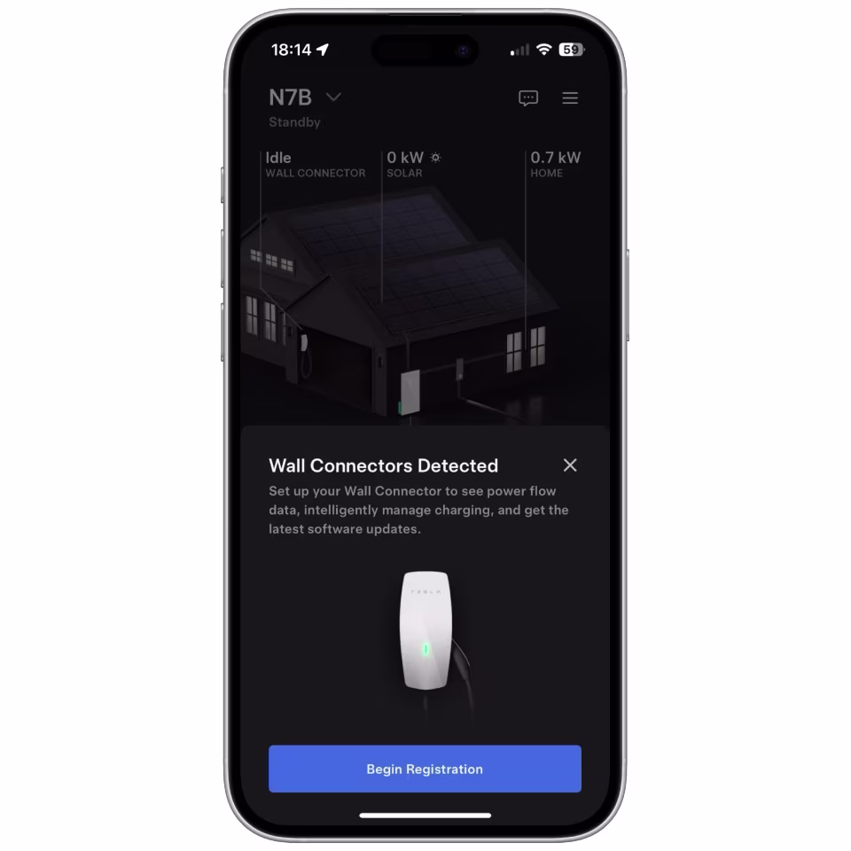 Tesla app showing screen that Wall Connector has been detected