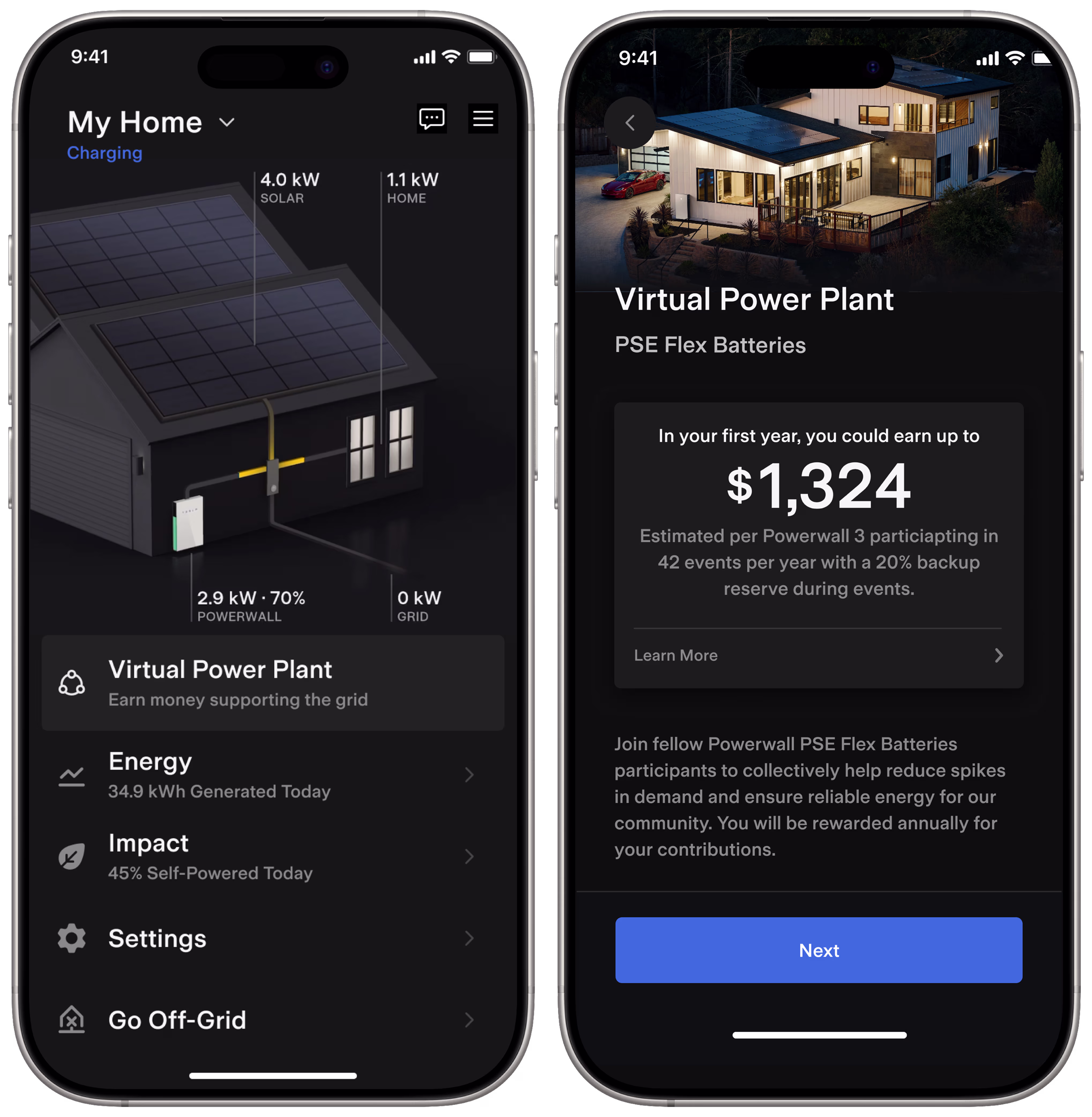 PSEG VPP Tesla App Home Screen