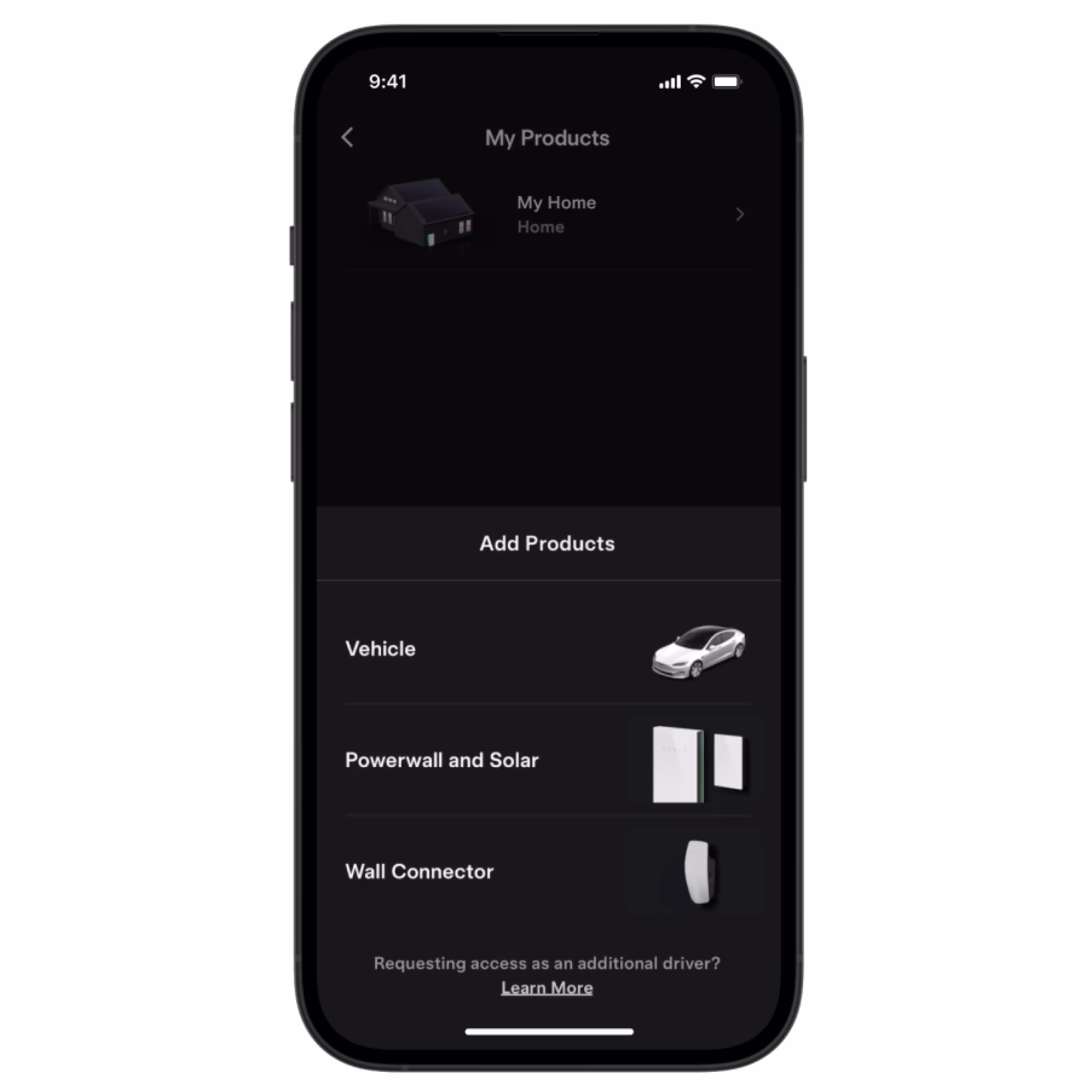 Tesla app showing screen to add product