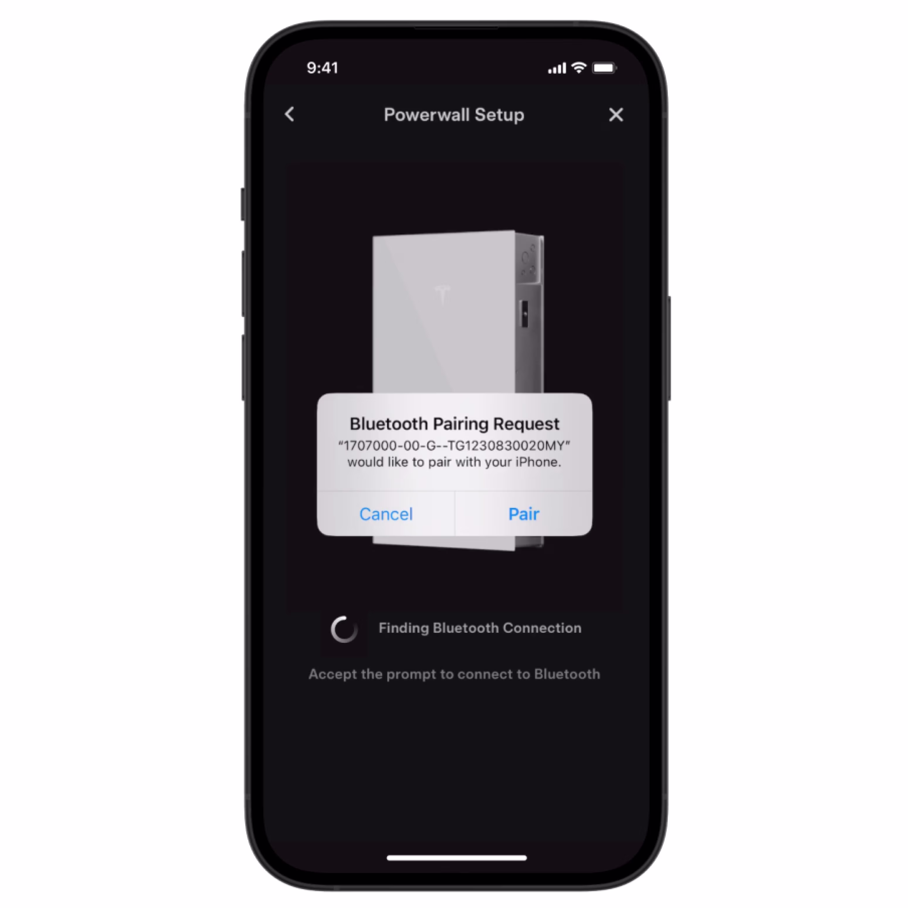 Tesla app screen showing bluetooth pairing request